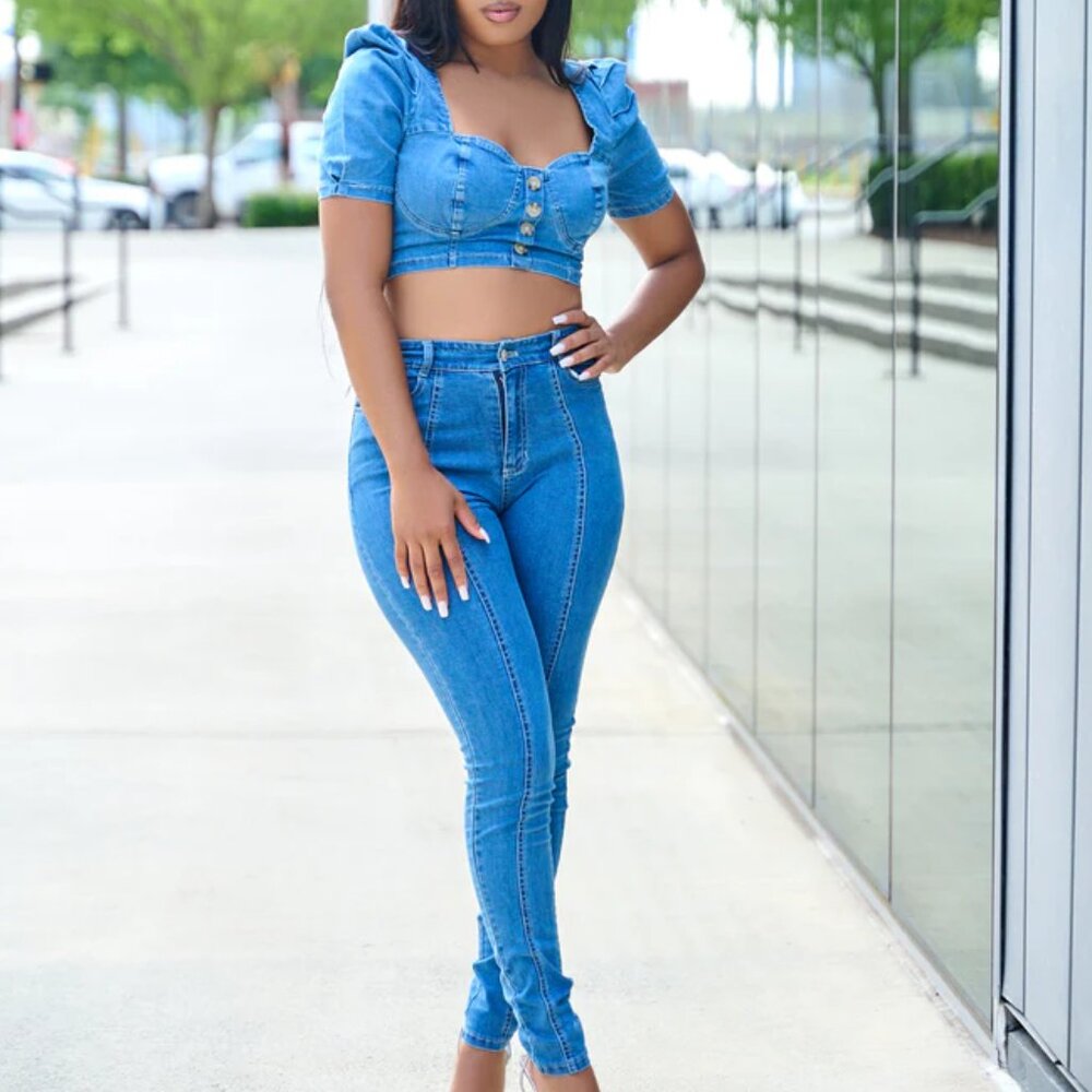 Puff Sleeve Cropped Bustier & Skinny Jeans - NWT (Small)
